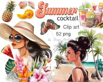 Summer Fashion Girl Tropical Leaves PNG Clipart for Planner Stickers, Fruits PNG Clipart, Flowers Scene Art, Hawaiian Beach Girl Clipart