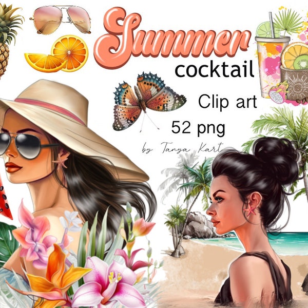 Summer Fashion Girl Tropical Leaves PNG Clipart for Planner Stickers, Fruits PNG Clipart, Flowers Scene Art, Hawaiian Beach Girl Clipart