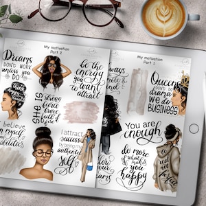May include: A digital art print displayed on a tablet, featuring motivational quotes and illustrations of women. The quotes include "Dreams don't work unless you do" and "You are enough." Accessories include a coffee cup, glasses, and a smartphone.