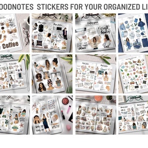 Pu&ograve; includere: Una collezione di adesivi digitali per Goodnotes, con illustrazioni di donne in vari contesti, tra cui un bar, una stanza per l'artigianato e un ufficio domestico. Gli adesivi sono progettati per aiutare gli utenti a organizzare i propri appunti e diari digitali.
