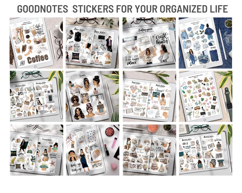 Pu&ograve; includere: Una collezione di adesivi digitali per Goodnotes, con illustrazioni di donne in vari contesti, tra cui un bar, una stanza per l'artigianato e un ufficio domestico. Gli adesivi sono progettati per aiutare gli utenti a organizzare i propri appunti e diari digitali.