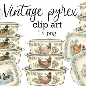 Vintage Pyrex Clipart PNG | Floral Kitchen Casserole Illustrations | Farmhouse Animal Graphics | Cottagecore Junk Journal | Commercial Use