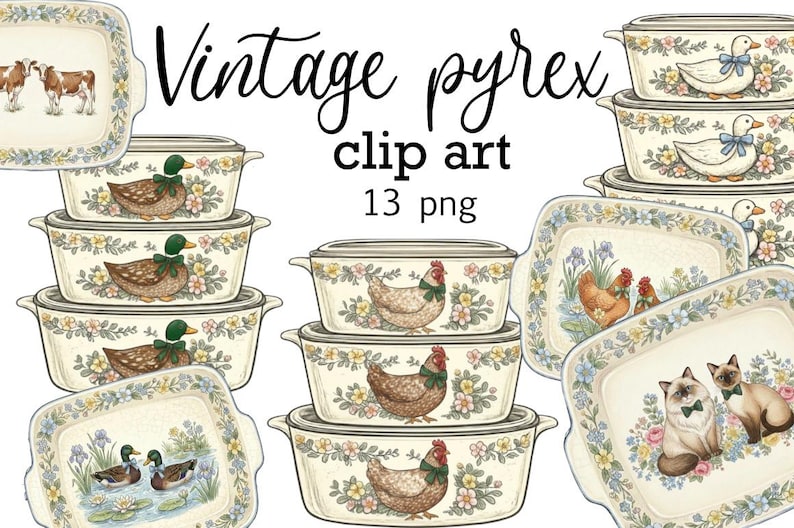 Pyrex Graphics Vintage Pyrex Clipart PNG | Floral Kitchen Casserole Illustrations ...