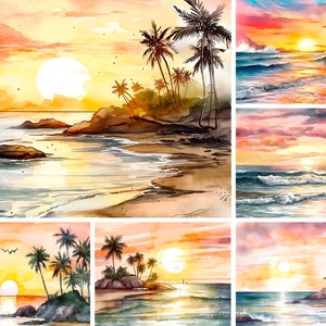 Watercolor Beach Sunsets Digital Paper Pack for Commercial Use, Beach Landscape Jpeg Instant Download, Tropical Sunset, Palm Tree Beach