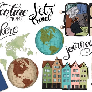 May include: A set of travel-themed illustrations featuring a world map, globes, suitcases, buildings, and handwritten text that says "Adventure More", "Explore", "Let's Travel", "Journey", and "Passport".