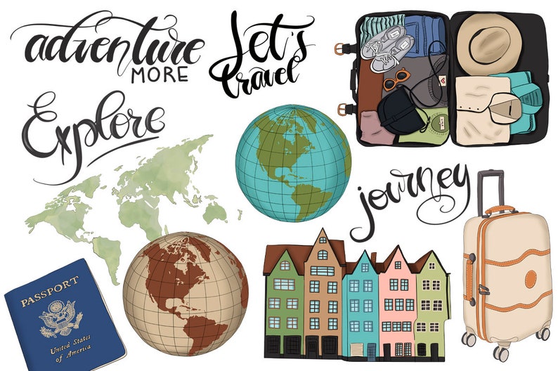 May include: A set of travel-themed illustrations featuring a world map, globes, suitcases, buildings, and handwritten text that says "Adventure More", "Explore", "Let's Travel", "Journey", and "Passport".