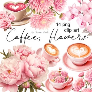 Paquete de imágenes prediseñadas de rosas y tazas de café, conjunto de imágenes PNG de flores rosas: imágenes prediseñadas de primavera de acuarela para invitaciones de boda, diarios y manualidades