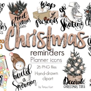 May include: A set of 26 Christmas planner icons featuring hand-drawn illustrations of festive activities, including hanging stockings, decorating a Christmas tree, taking Christmas photos, and watching Christmas movies. The icons are in a whimsical style with a pink and white color scheme.