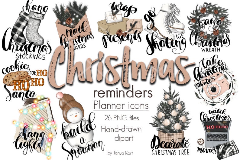 May include: A set of 26 Christmas planner icons featuring hand-drawn illustrations of festive activities, including hanging stockings, decorating a Christmas tree, taking Christmas photos, and watching Christmas movies. The icons are in a whimsical style with a pink and white color scheme.