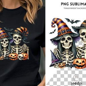 May include: Black t-shirt featuring a Halloween-themed graphic. The design includes two skeletons wearing witch hats, holding pumpkins, and surrounded by bats. The artwork is a watercolor style illustration.