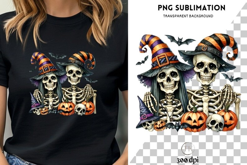 May include: Black t-shirt featuring a Halloween-themed graphic. The design includes two skeletons wearing witch hats, holding pumpkins, and surrounded by bats. The artwork is a watercolor style illustration.