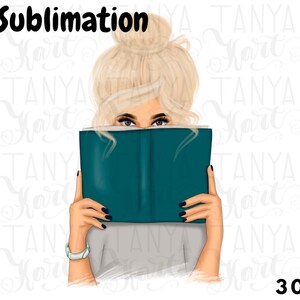 May include: A woman with blonde hair is reading a teal book. She is wearing a grey shirt and has her hair pulled back in a bun.