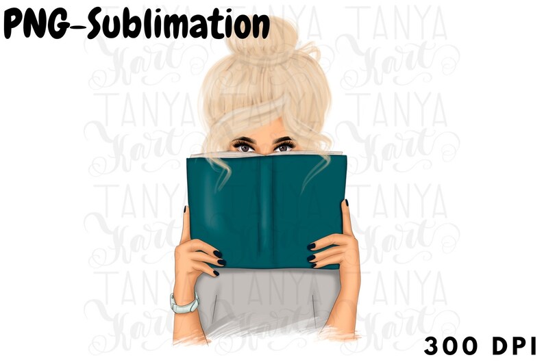 May include: A woman with blonde hair is reading a teal book. She is wearing a grey shirt and has her hair pulled back in a bun.