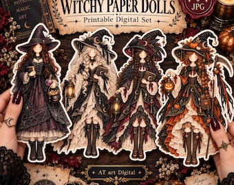 Witchy Paper Dolls | Printable Gothic Doll Set | Halloween  Aesthetic Witch Clipart | Junk Journal Ephemera | Digital Download