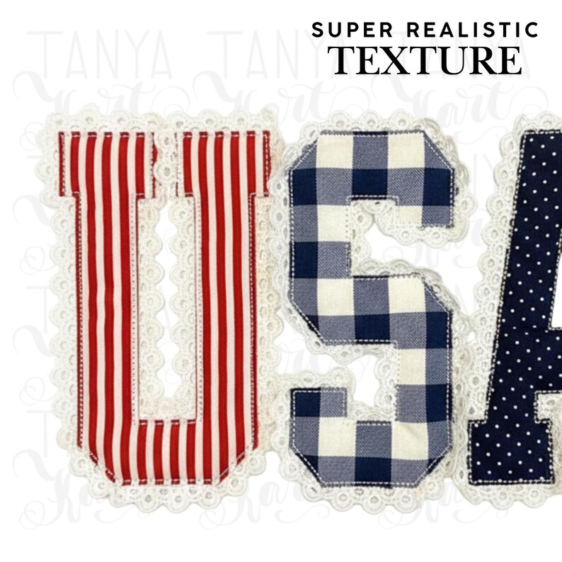 May include: Appliqued fabric letters spelling "USA", with a white lace trim. The "U" is red and white striped, the "S" is blue and white gingham, and the "A" is navy blue with white polka dots. The text "SUPER REALISTIC TEXTURE" is above the letters.
