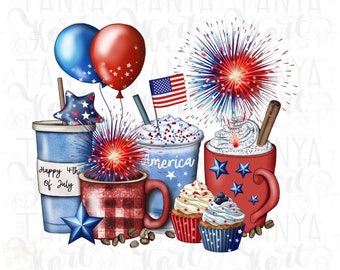 Xícara de café PNG, 4 de julho, Dia da Independência, Download digital PNG, Amante de café PNG, Desenhos para artesanato, Bandeira americana PNG, Arte digital