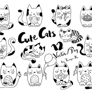 Black and White Funny Cats, Doodles Pet, Hand Drawn Vector Graphics, Animal Clipart Set, Cute Kitten Clipart Bundle, Digital Cat Clip Art
