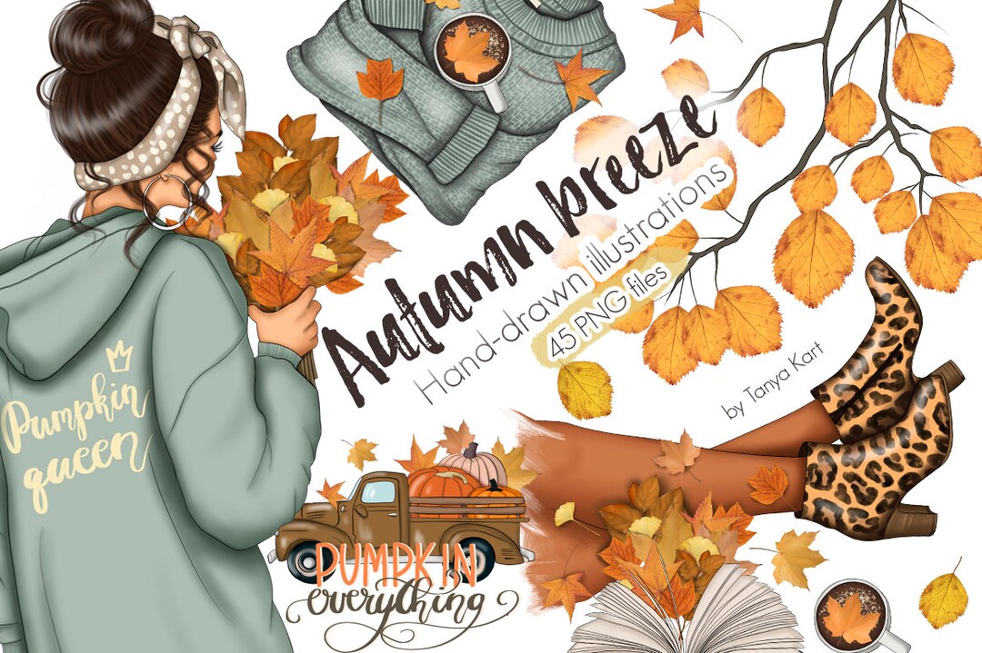 Autumn Girl Clipart: Fall Fashion, Leaves, Thanksgiving (45 PNG