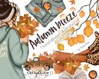 Höstflicka Clipart: Höstmode, Löv, Thanksgiving (45 PNG-filer)