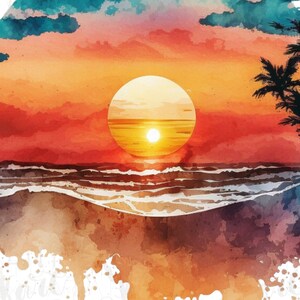 May include: A watercolor painting of a sunset over the ocean with palm trees in the foreground. The sun is a large orange circle with rays of light emanating from it. The sky is a mix of orange, pink, and purple. The water is a deep blue with white waves crashing on the shore. The palm trees are silhouetted against the sunset.