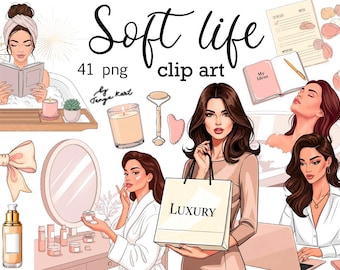 May include: Digital clip art set titled "Soft Life" featuring illustrations of women, beauty products, and relaxation items. Includes a bow, candles, a jade roller, and a shopping bag with the word "Luxury".