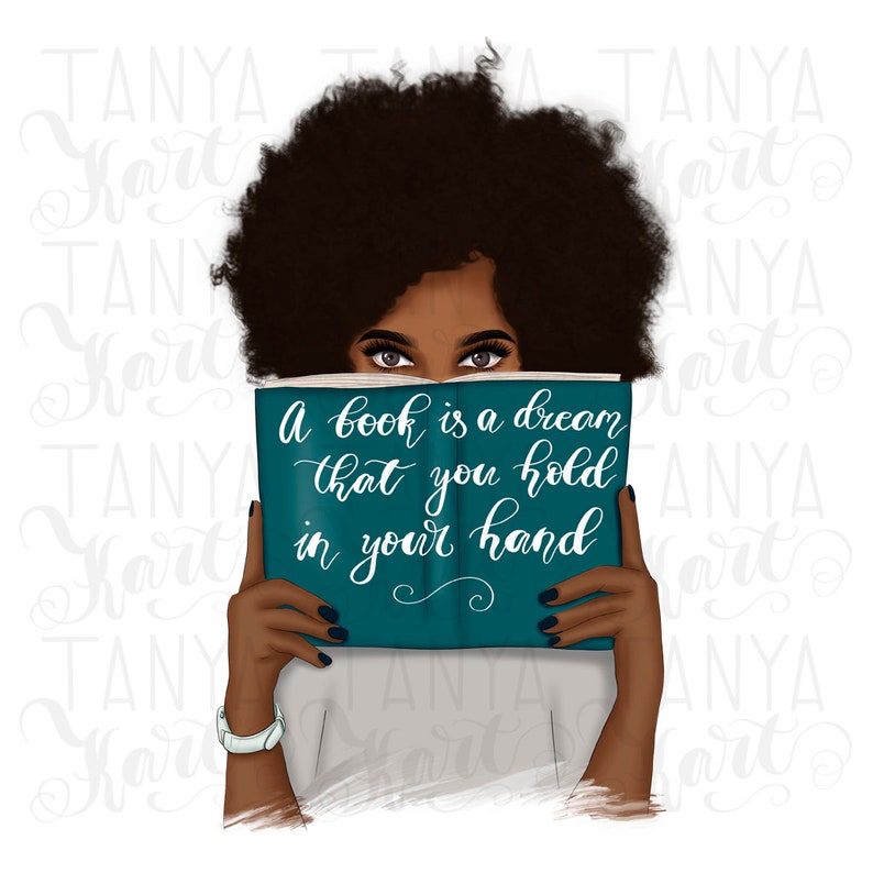 May include: A woman with dark brown skin and an afro hairstyle is holding a teal blue book open in front of her face. The book has white text that reads "A book is a dream that you hold in your hand".