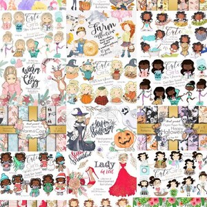 May include: A collection of digital art prints featuring watercolor illustrations. The artwork includes themes like animals, autumn, farm life, cute girls, Halloween, and summer. The prints showcase various styles, including seamless patterns and hand-painted designs.