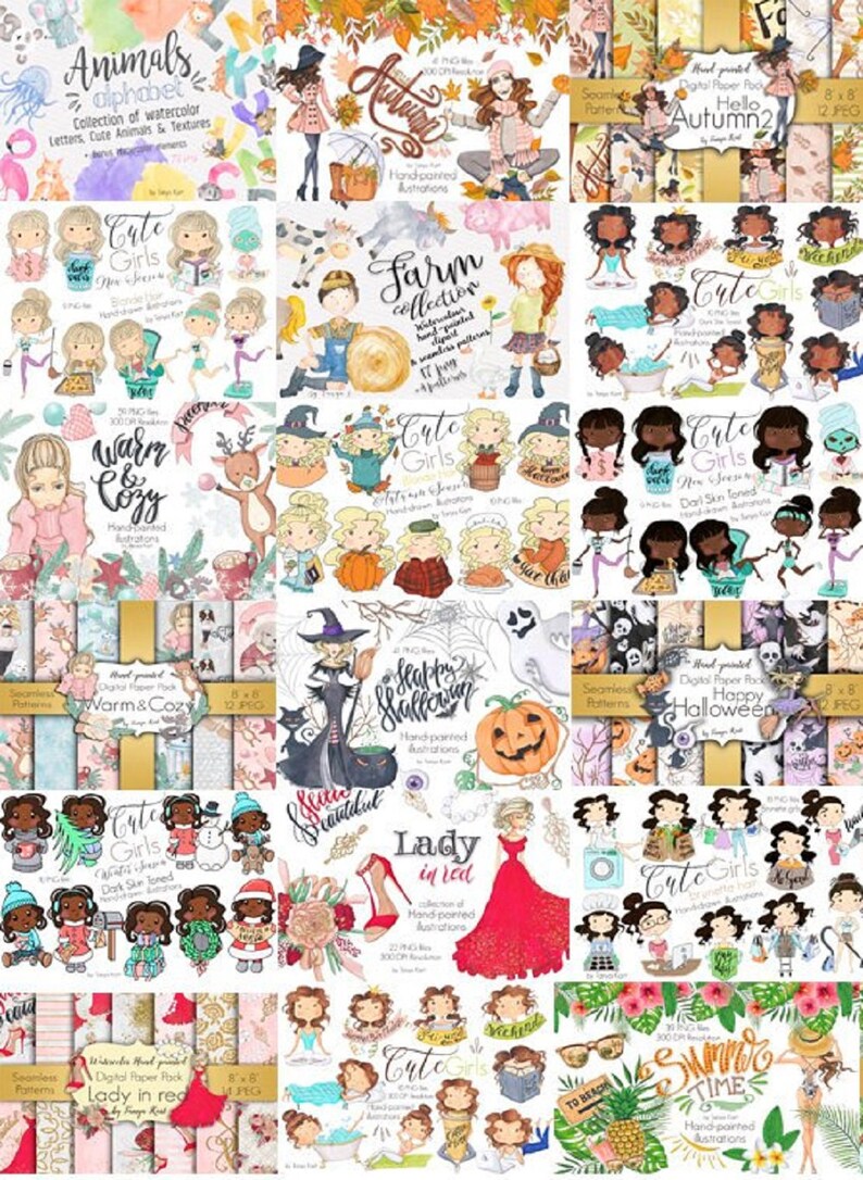 May include: A collection of digital art prints featuring watercolor illustrations. The artwork includes themes like animals, autumn, farm life, cute girls, Halloween, and summer. The prints showcase various styles, including seamless patterns and hand-painted designs.