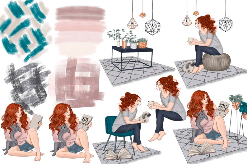 Hygge Home Clipart, Girly Clipart Bundle, Planner Girl Clipart, Hand-Drawn Fashion Illustrations for Craft Supplies & Scrapbooking