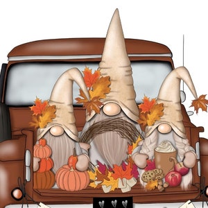 May include: Illustration of three gnomes in a brown truck bed, decorated for fall. The gnomes wear beige hats and have long white beards. Pumpkins, fall leaves, apples, and cookies are also in the truck bed. The truck is brown.