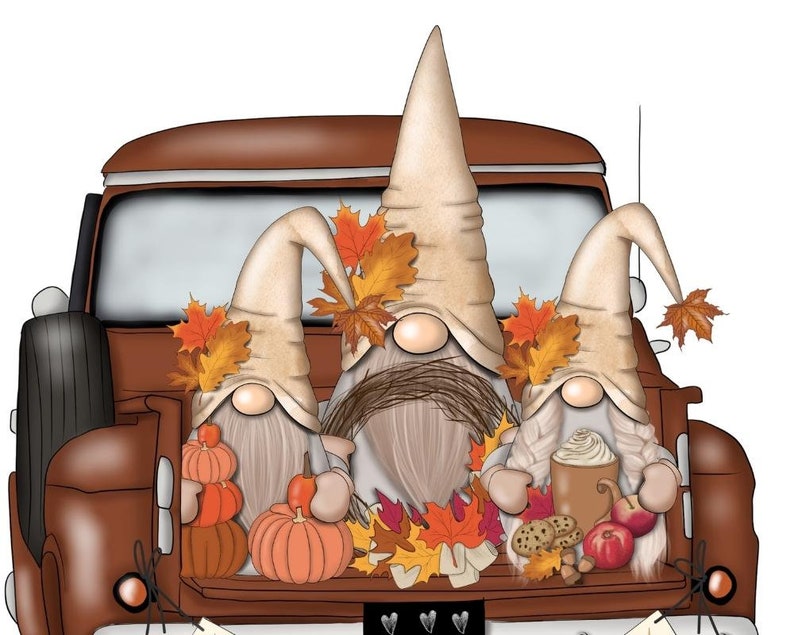 May include: Illustration of three gnomes in a brown truck bed, decorated for fall. The gnomes wear beige hats and have long white beards. Pumpkins, fall leaves, apples, and cookies are also in the truck bed. The truck is brown.