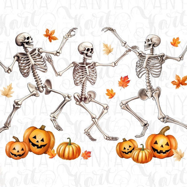 Skeleton Graphic PNG: Dancing Autumn Skeletons, Orange Lantern, Graphic Illustration for Shirt Design,Happy Thanksgiving,Sublimation Designs