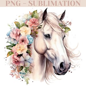 May include: Watercolor painting of a white horse's head with a floral crown of pink, yellow, and blue flowers.