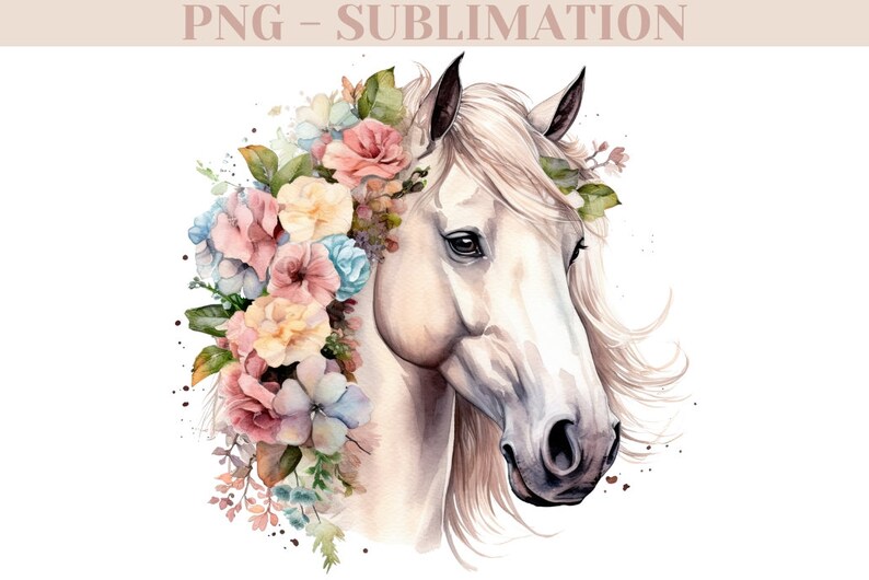 May include: Watercolor painting of a white horse's head with a floral crown of pink, yellow, and blue flowers.