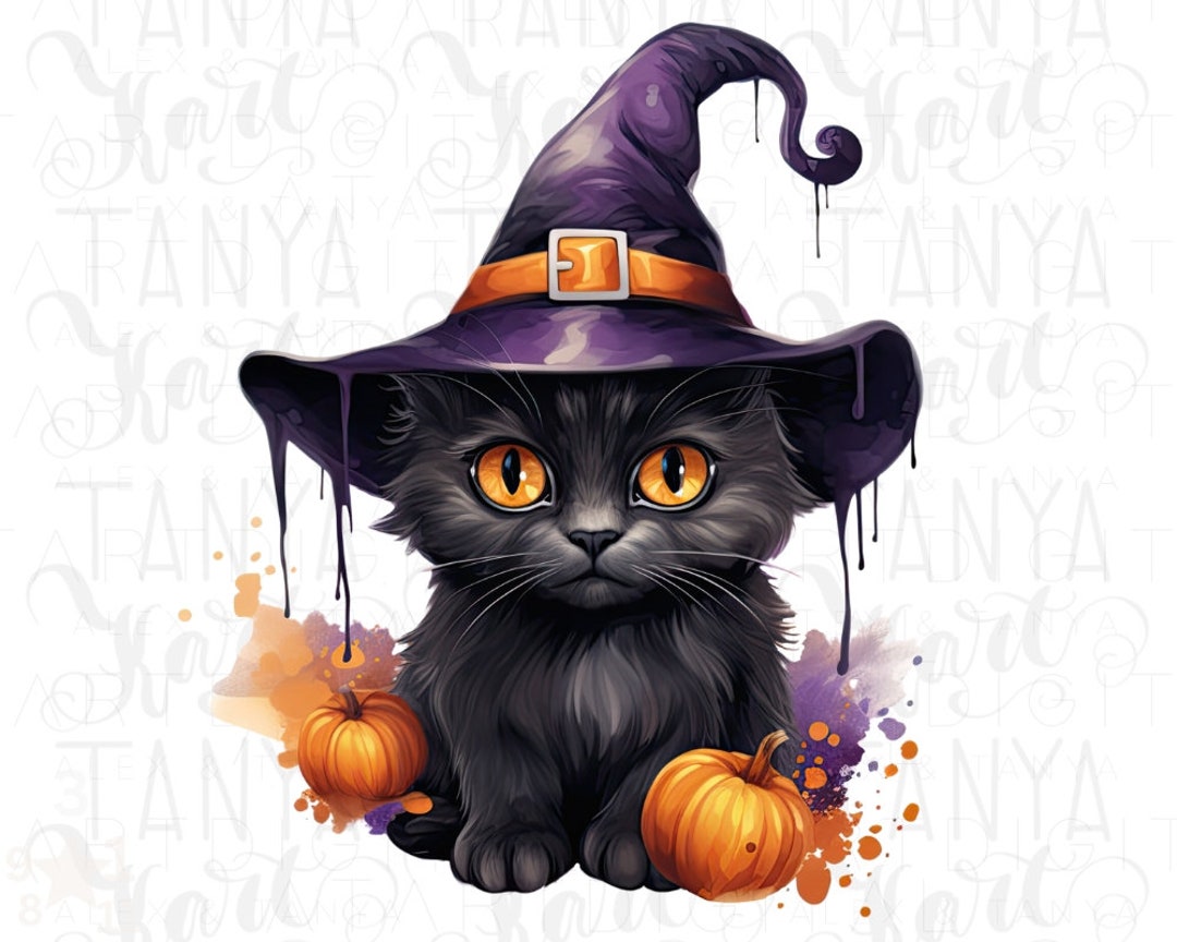 Black Cat With Witch Hat & Pumpkins - Cute Cat Halloween Sub PNG, Black ...