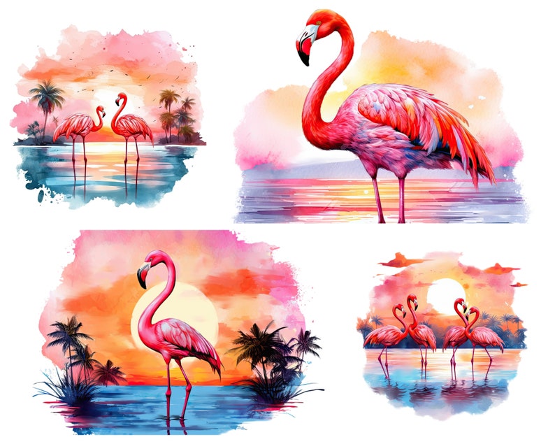 Flamingo Beach Sunset Clipart for Commercial Use, Watercolor Tropical Pink Flamingo Sublimation Designs, Ocean Sunset Png Instant Download image 3