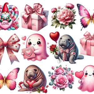 Romantic Valentine Bundle of 12 PNG Illustrations for Valentine&#39;s Day Crafts, Valentine&#39;s Day Clip art of Digital png files