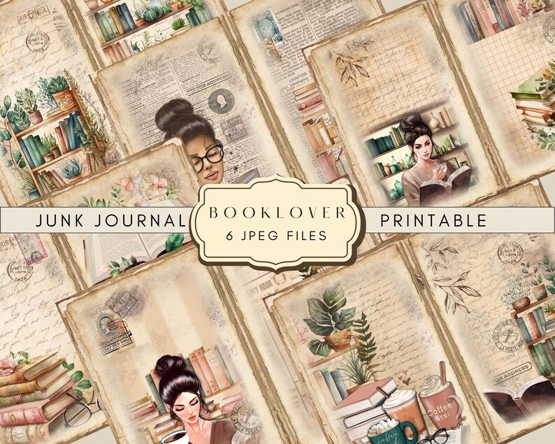 Bookish Junk Journal Pages Vintage Ephemera, Digital Library Printable Collage Sheet for Scrapbooking, Floral Journaling Instant Download