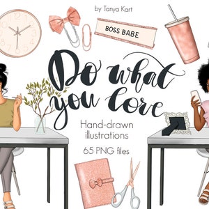May include: A digital illustration set featuring two women working at desks, with the text "Do what you love" and "Hand-drawn illustrations 65 PNG files". The set includes various office supplies, such as a clock, a plant, a cup of coffee, a notebook, scissors, and a desk nameplate that says "Boss Babe".