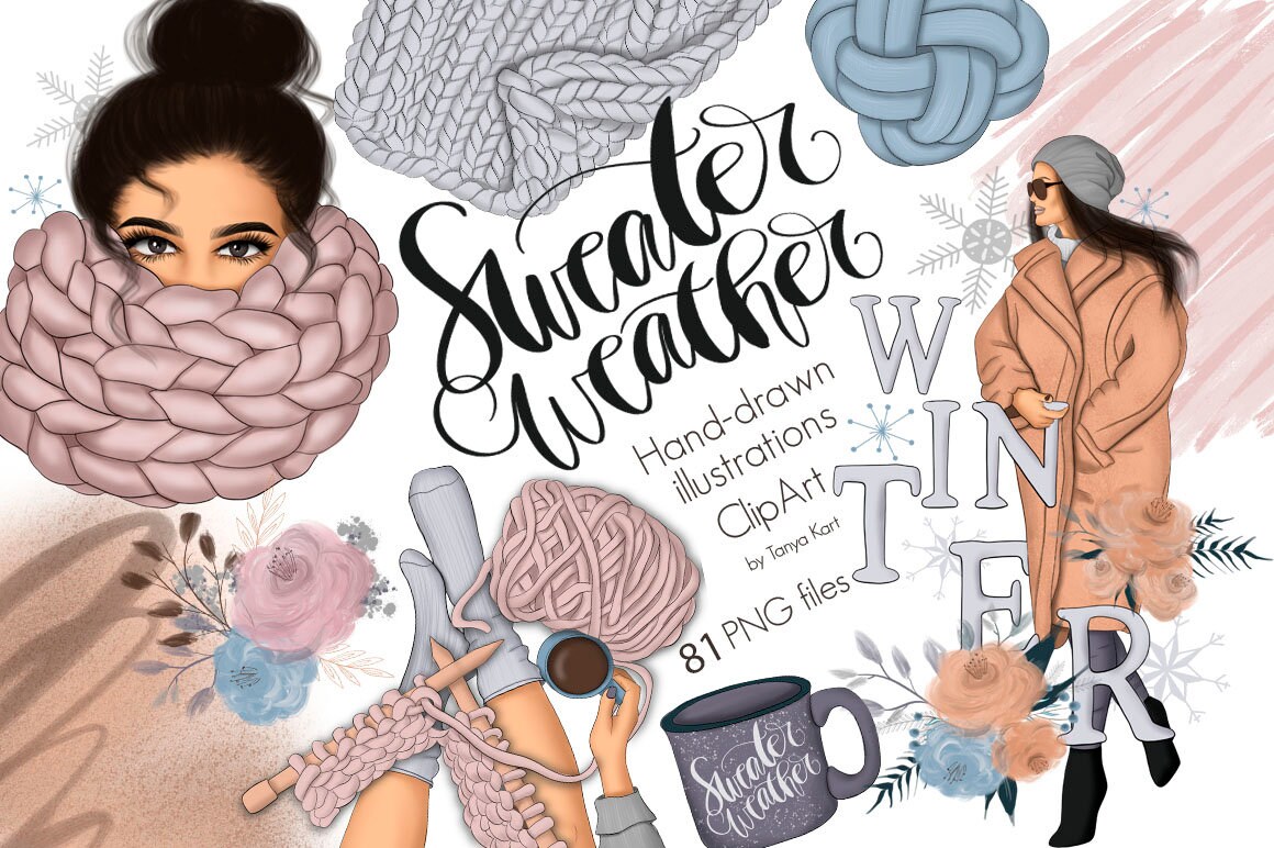 Winter Fashion Girls Clipart Bundle | Cozy Sweater Weather, Fashion Illustration, Digital Download for Commercial Use, January Clipart Set