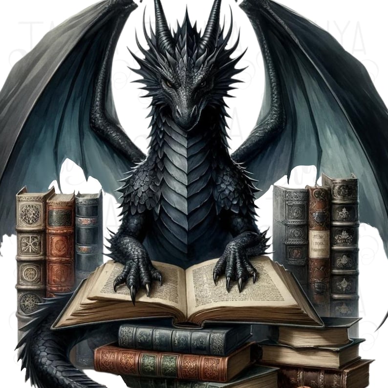 Puede incluir: Un drag&oacute;n negro con grandes alas se sienta sobre una pila de libros antiguos, leyendo un libro abierto con sus garras.