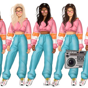 May include: Five illustrations of women wearing pink crop tops, blue jeans, and sneakers. Each woman has a different hair color and is holding a vintage boombox.