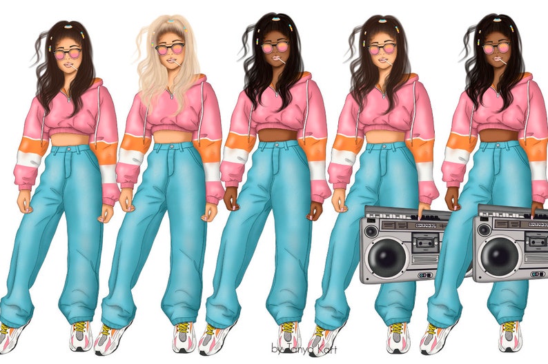 May include: Five illustrations of women wearing pink crop tops, blue jeans, and sneakers. Each woman has a different hair color and is holding a vintage boombox.