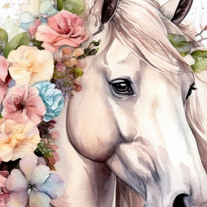 May include: A white horse with a mane and tail of long, flowing hair. The horse is adorned with a floral crown of pink, yellow, and blue flowers, with green leaves.