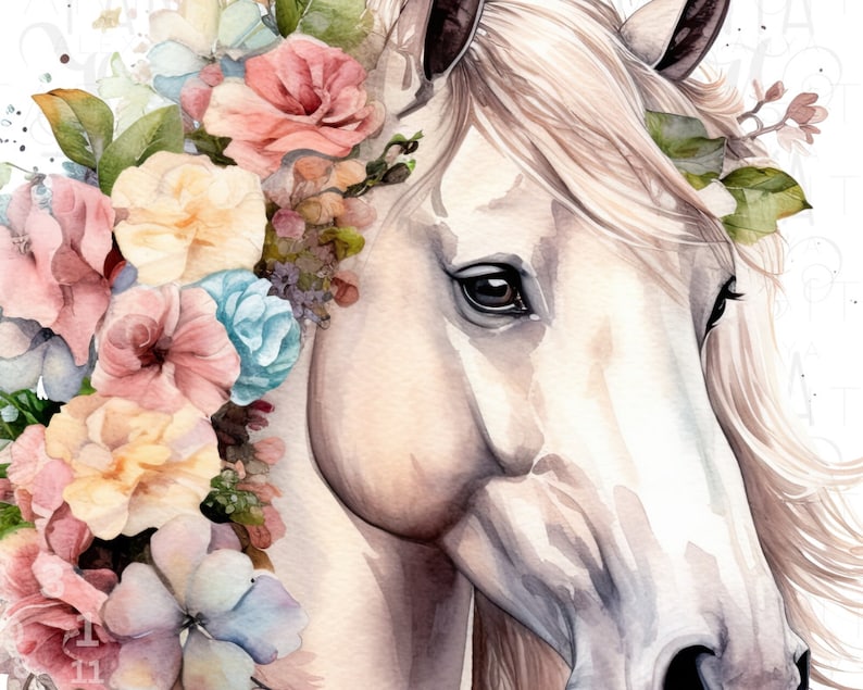 May include: A white horse with a mane and tail of long, flowing hair. The horse is adorned with a floral crown of pink, yellow, and blue flowers, with green leaves.