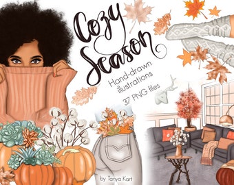 Autumn Clipart Stickers: Cozy Fall Fashion Illustrations (37 PNG)