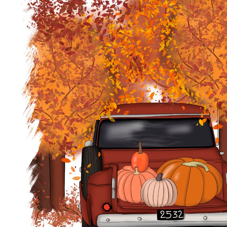 May include: A digital illustration of a vintage red pickup truck bed filled with pumpkins of various sizes and colors. The truck is parked under a canopy of autumn leaves in shades of orange and red. The license plate reads "2532".