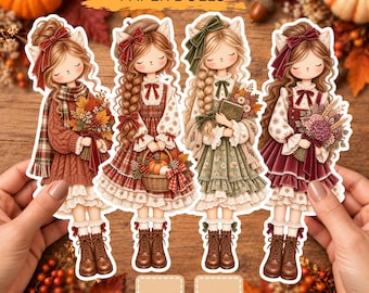 Autumn Printable Paper Dolls | Art Doll Set PNG JPEG | Cottagecore Cat Girl Clipart  Fall Paper Dolls Digital Download Kids Craft Activities