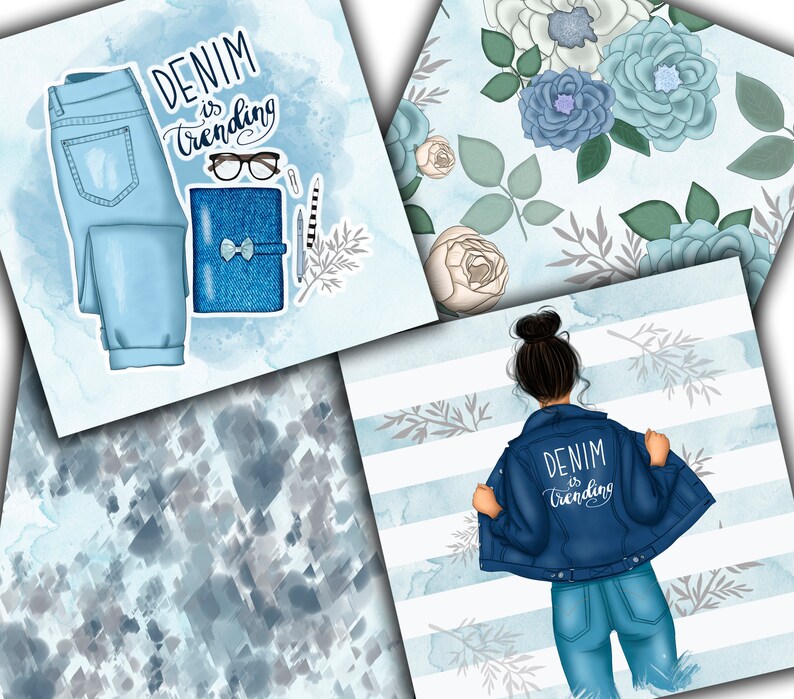 Fashion Patterns Denim Papers Denim Art Girly Papers Flowers Navy Blue Planner Babe Afro Girl Floral Patterns Jeans Papers