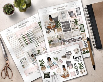 May include: A collection of planner stickers and inserts with a home decor theme. The designs feature illustrations of a woman, furniture, plants, and the words "Home Sweet Home" and "Happy at Home". The color palette includes shades of green, pink, and beige.